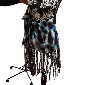 Gorgeous designer cover up or scarf blue tie dye look with long fabric fringe
